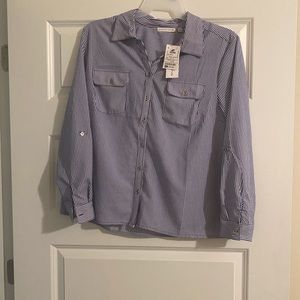 Notations Navy striped blouse with buttoned sleeves